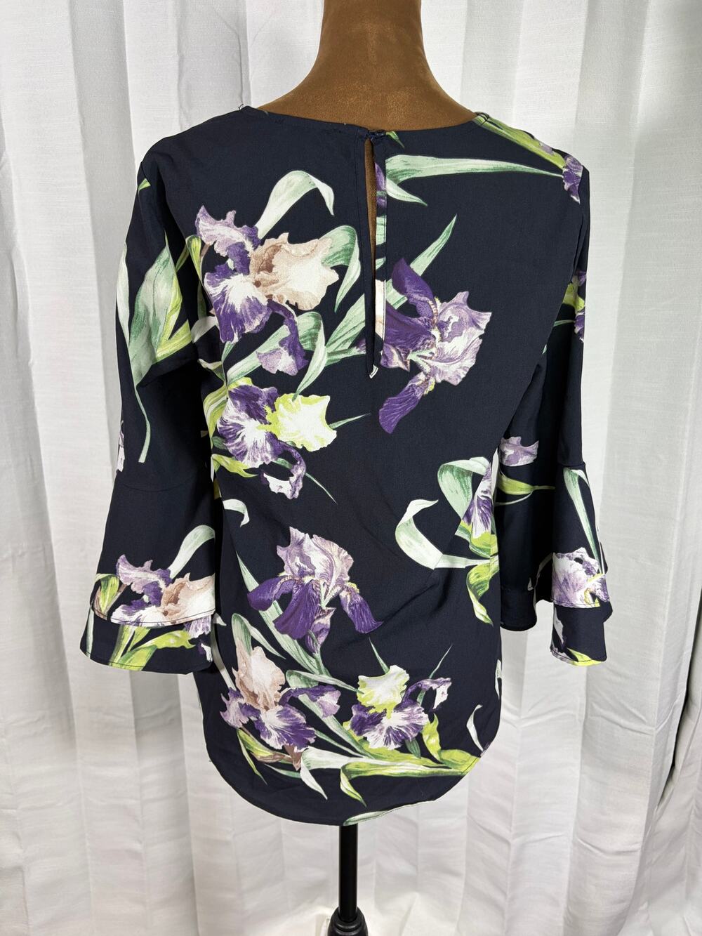 Carolina Belle Navy Purple Floral Tiered Bell Sleeve Blouse XS